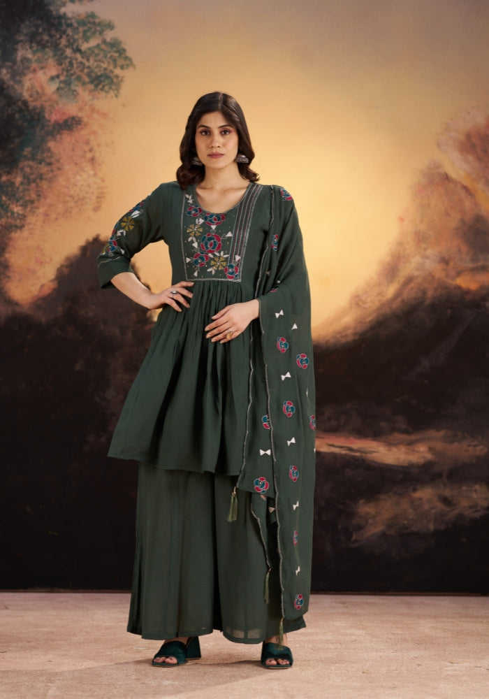 Green Roman Silk Embroidered Kurta Set with Dupatta