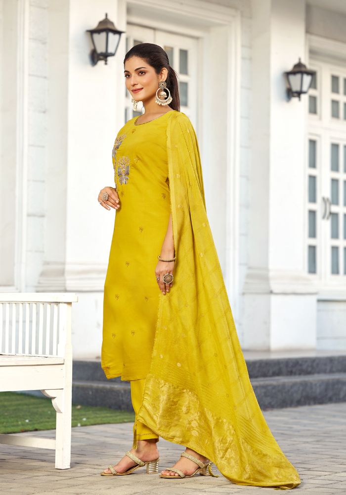 Mustard Viscose Blend Embroidered Kurta Set with Dupatta
