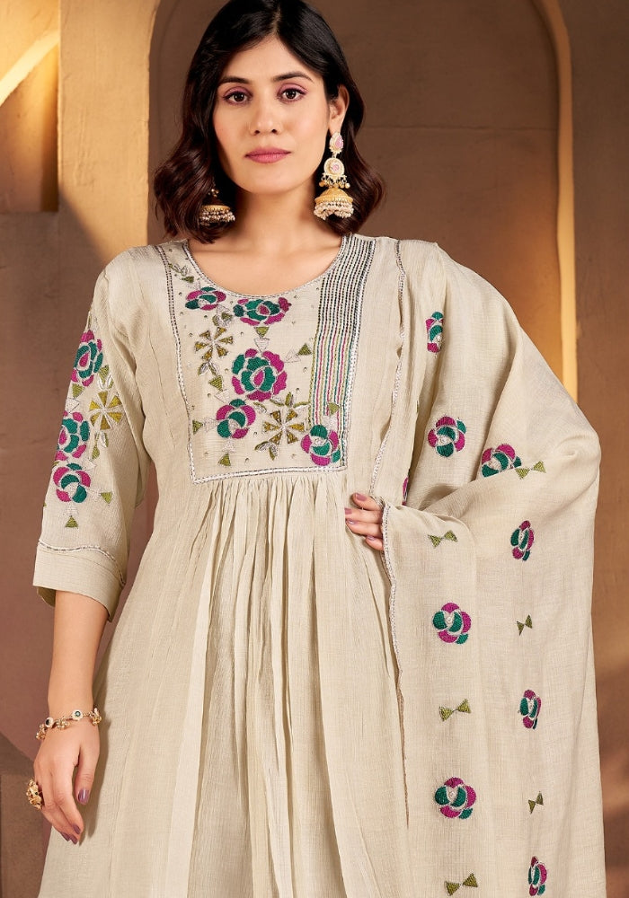 Cream Roman Silk Embroidered Kurta Set with Dupatta