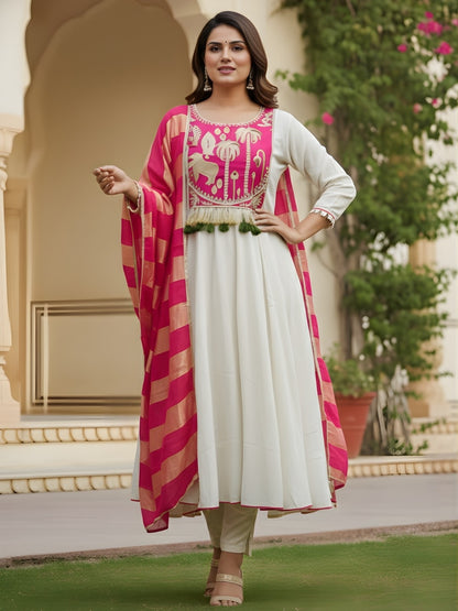 Silk Embroidered Anarkali Kurta Set White Pink Dupatta Flared - Bohorang