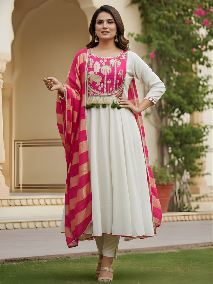 Silk Embroidered Anarkali Kurta Set White Pink Dupatta Flared - Bohorang