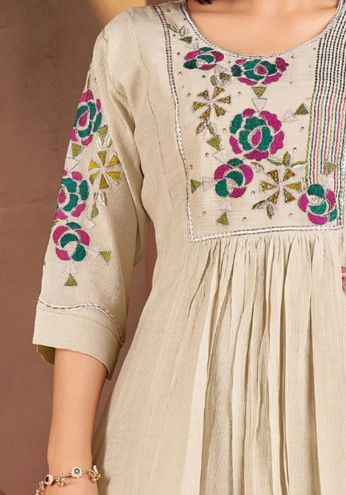 Cream Roman Silk Embroidered Kurta Set with Dupatta