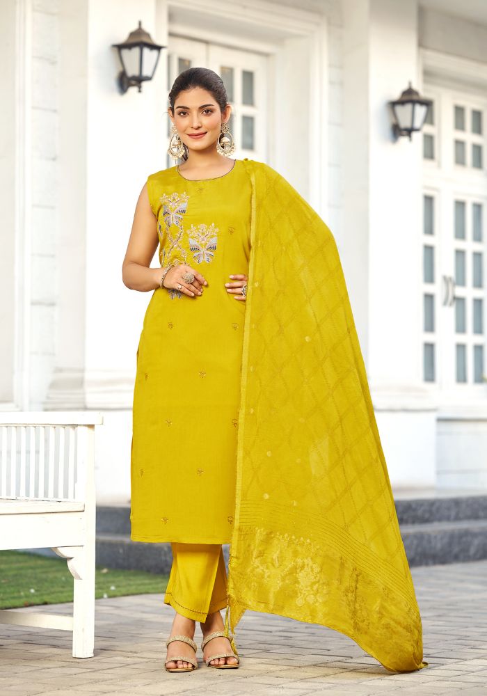 Mustard Viscose Blend Embroidered Kurta Set with Dupatta