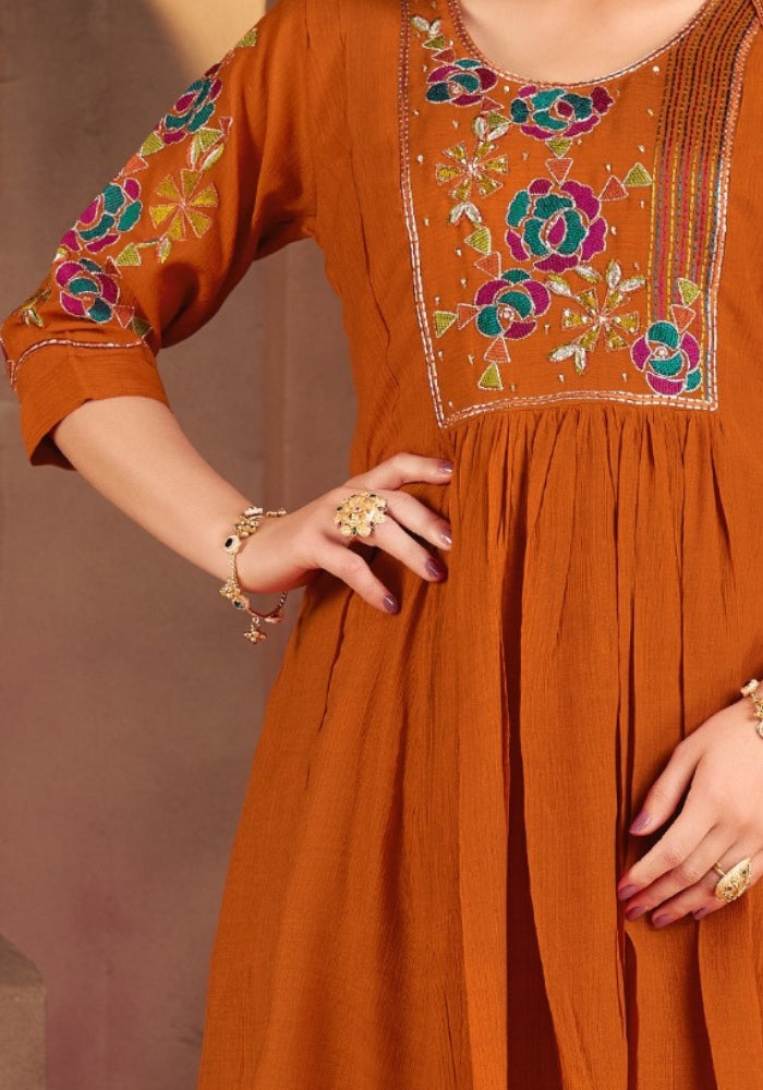 Rust Roman Silk Embroidered Kurta Set with Dupatta