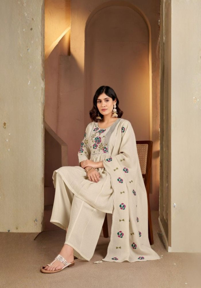 Cream Roman Silk Embroidered Kurta Set with Dupatta