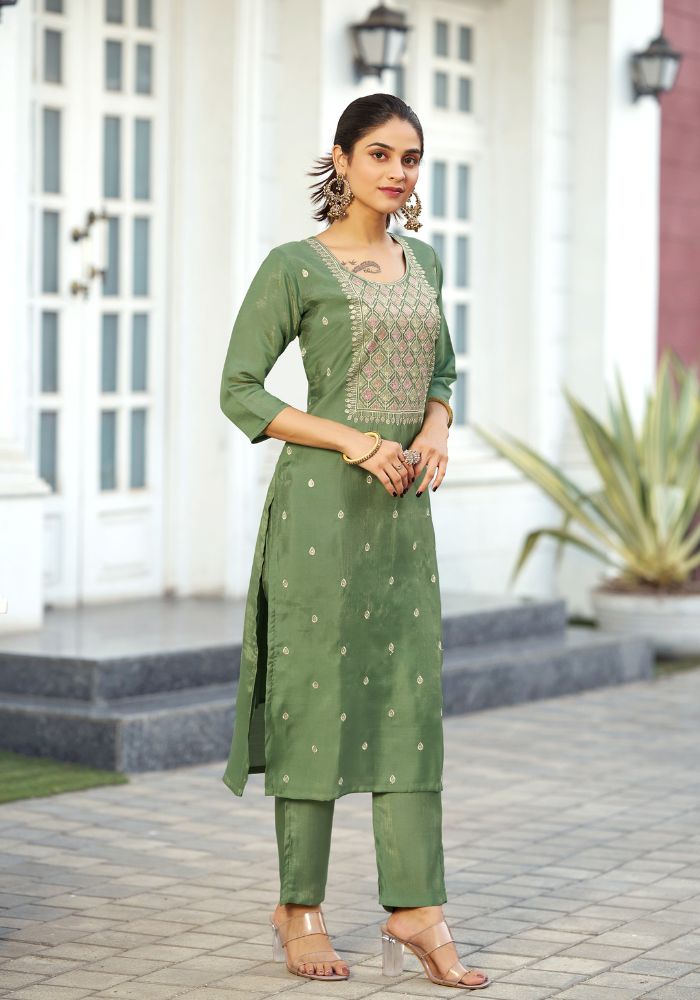 Pista Green Viscose Blend Embroidered Kurta Set with Dupatta