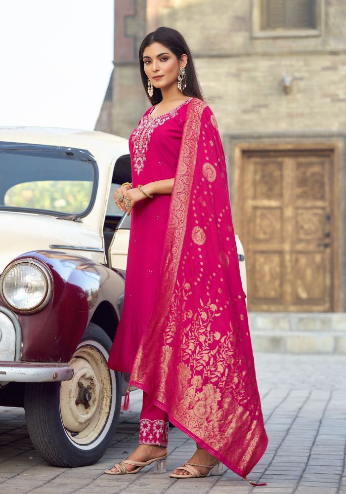 Rani Pink Classic Embroidered Kurta Set with Dupatta