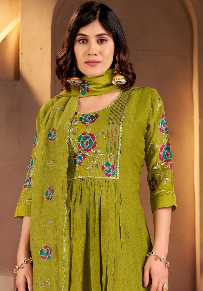 Mehndi Green Roman Silk Embroidered Kurta Set with Dupatta