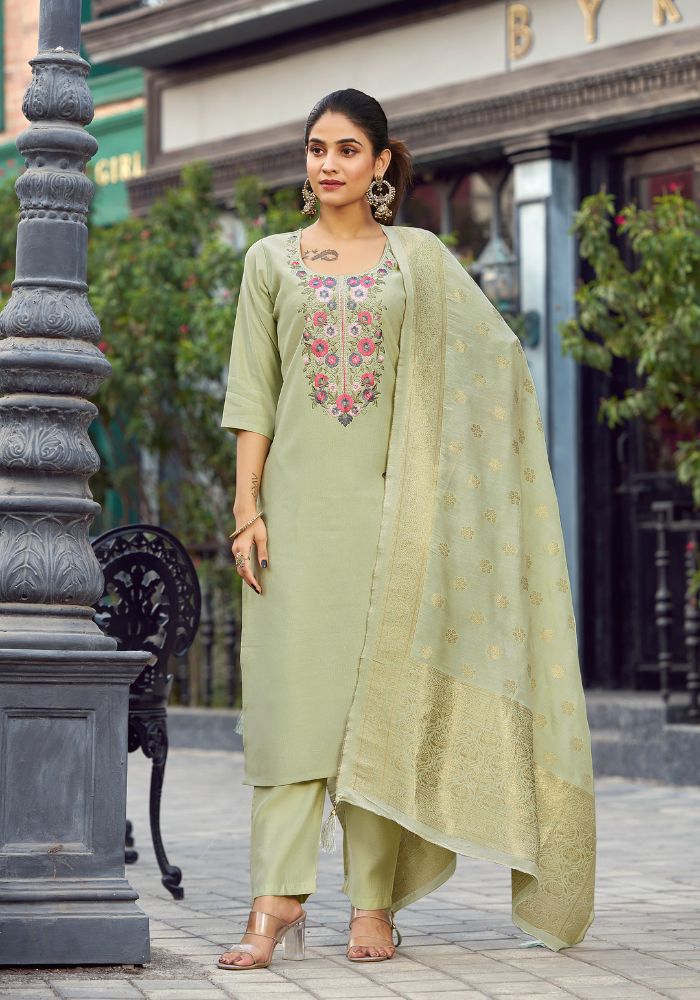 Pista Green Floral Embroidered Kurta Set with Dupatta