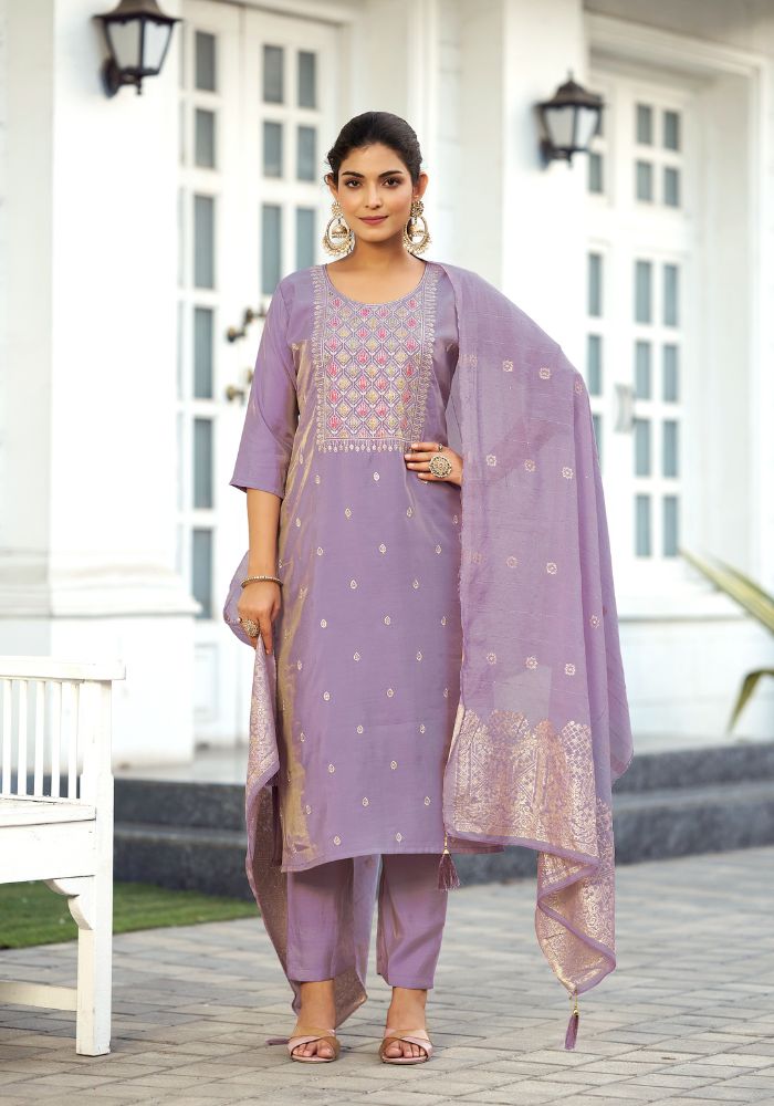 Lavender Embroidered Kurta Set with Dupatta