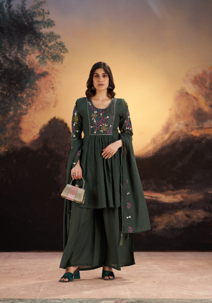 Green Roman Silk Embroidered Kurta Set with Dupatta