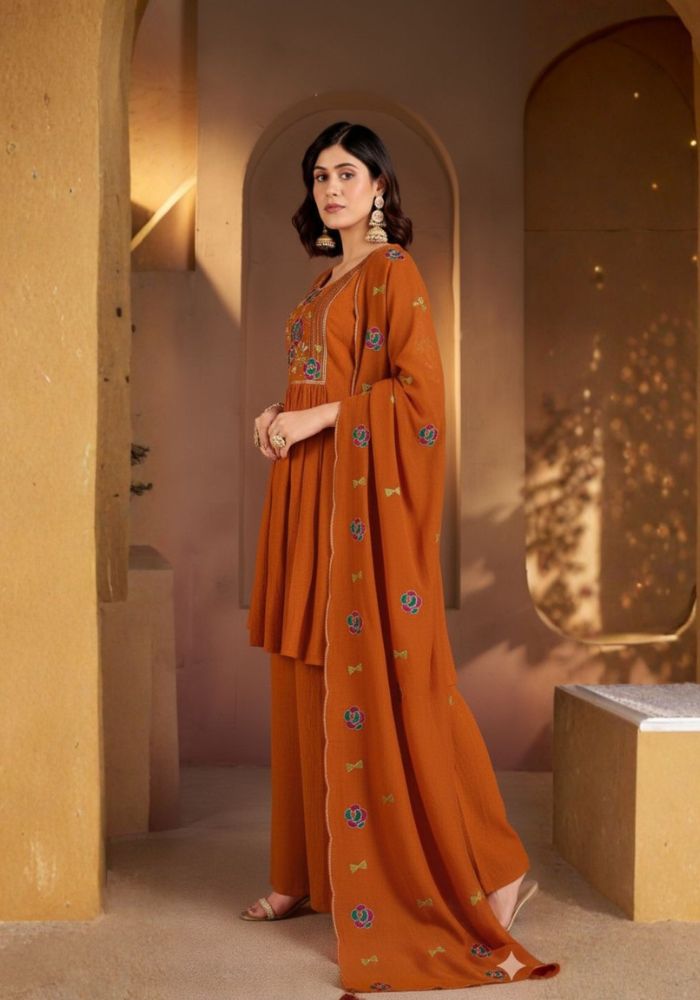 Rust Roman Silk Embroidered Kurta Set with Dupatta