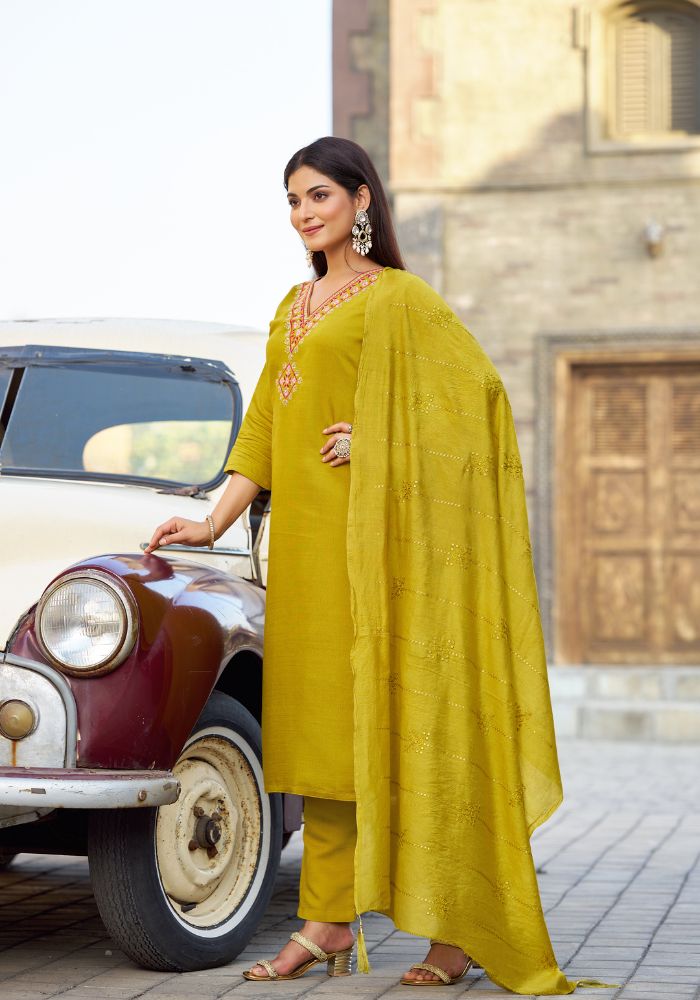 Golden Star Embroidered Kurta Set with Dupatta