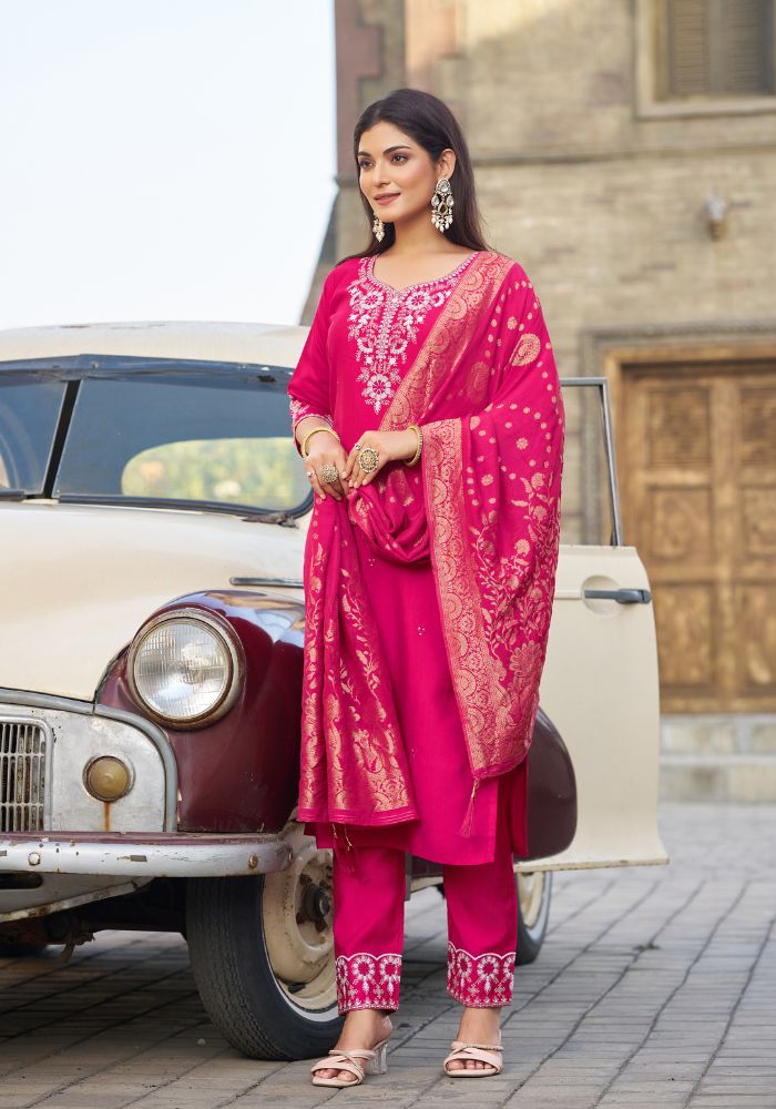 Rani Pink Classic Embroidered Kurta Set with Dupatta