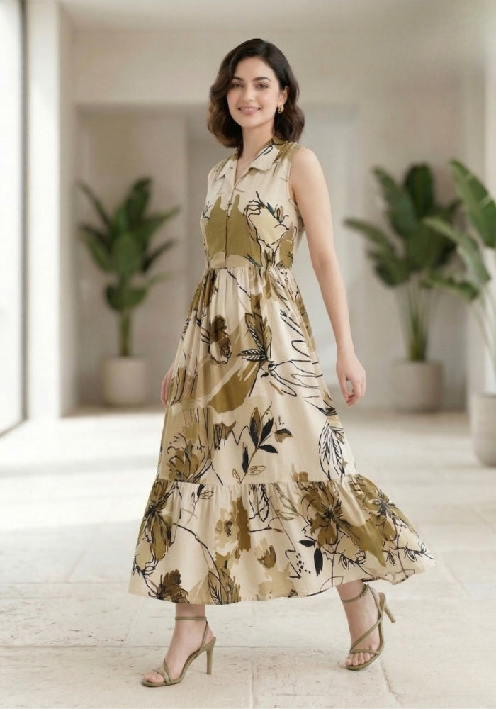 Beige Earth Floral Printed Sleeveless Maxi Dress for Women