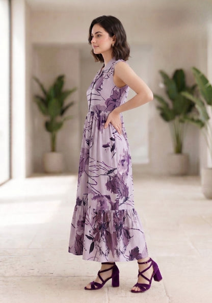 Lavender Bloom Floral Printed Sleeveless Maxi Dress for Women