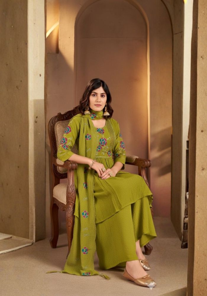 Mehndi Green Roman Silk Embroidered Kurta Set with Dupatta