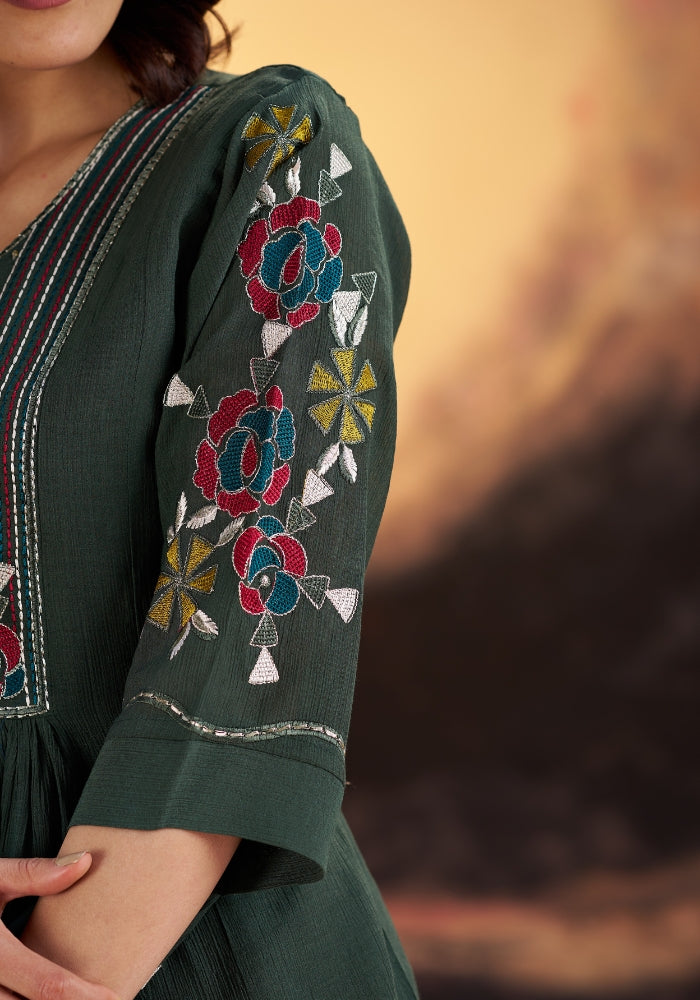 Green Roman Silk Embroidered Kurta Set with Dupatta