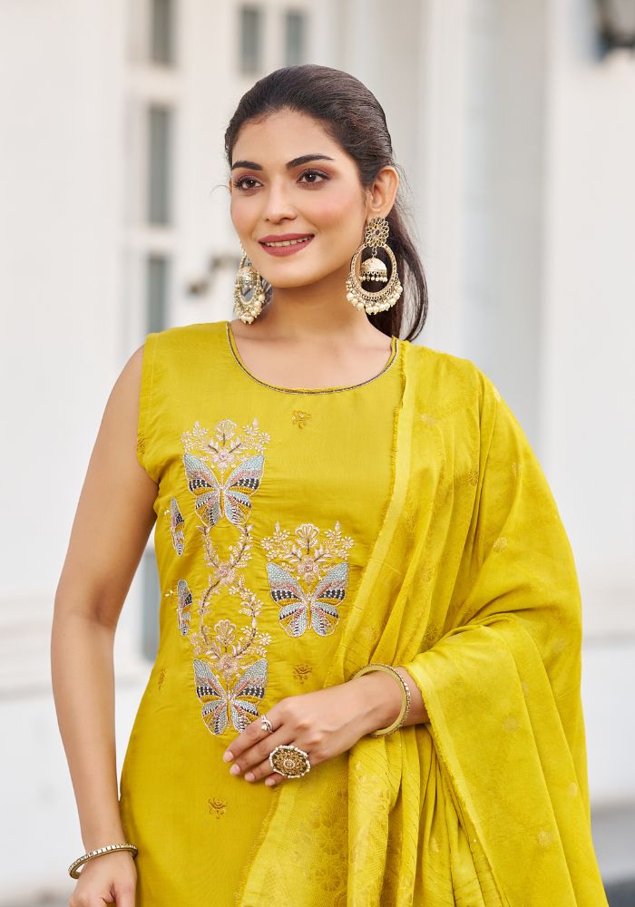 Mustard Viscose Blend Embroidered Kurta Set with Dupatta