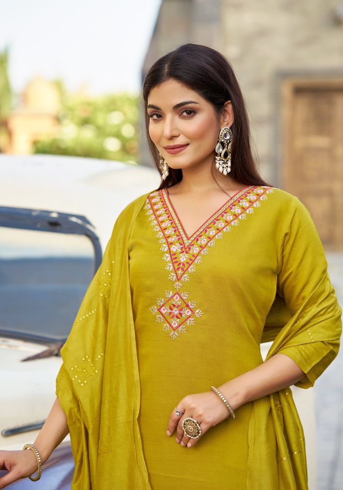 Golden Star Embroidered Kurta Set with Dupatta