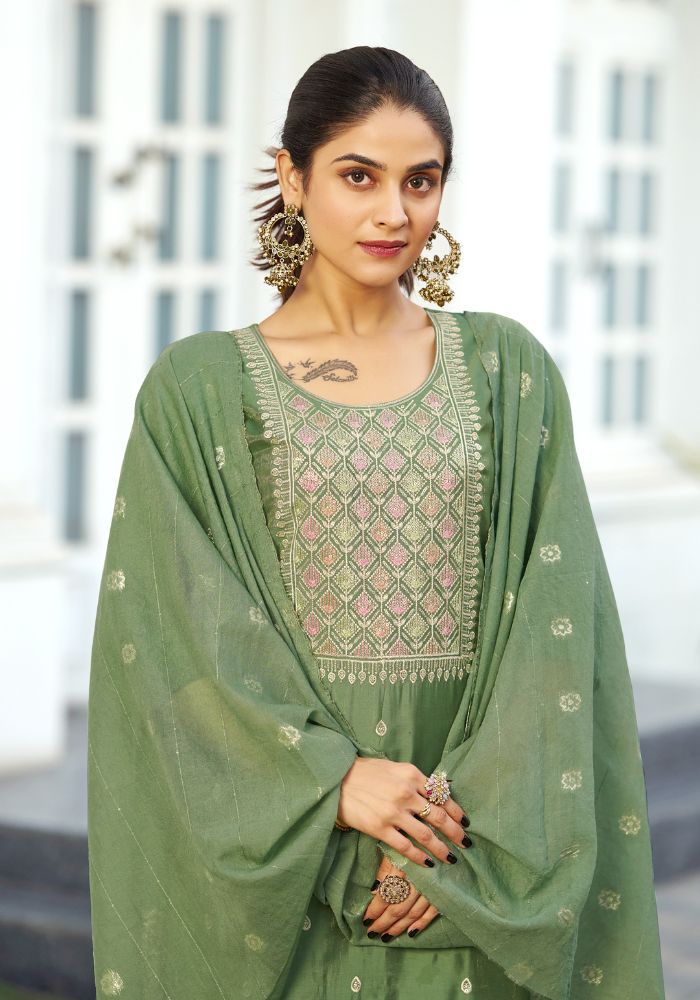 Pista Green Viscose Blend Embroidered Kurta Set with Dupatta