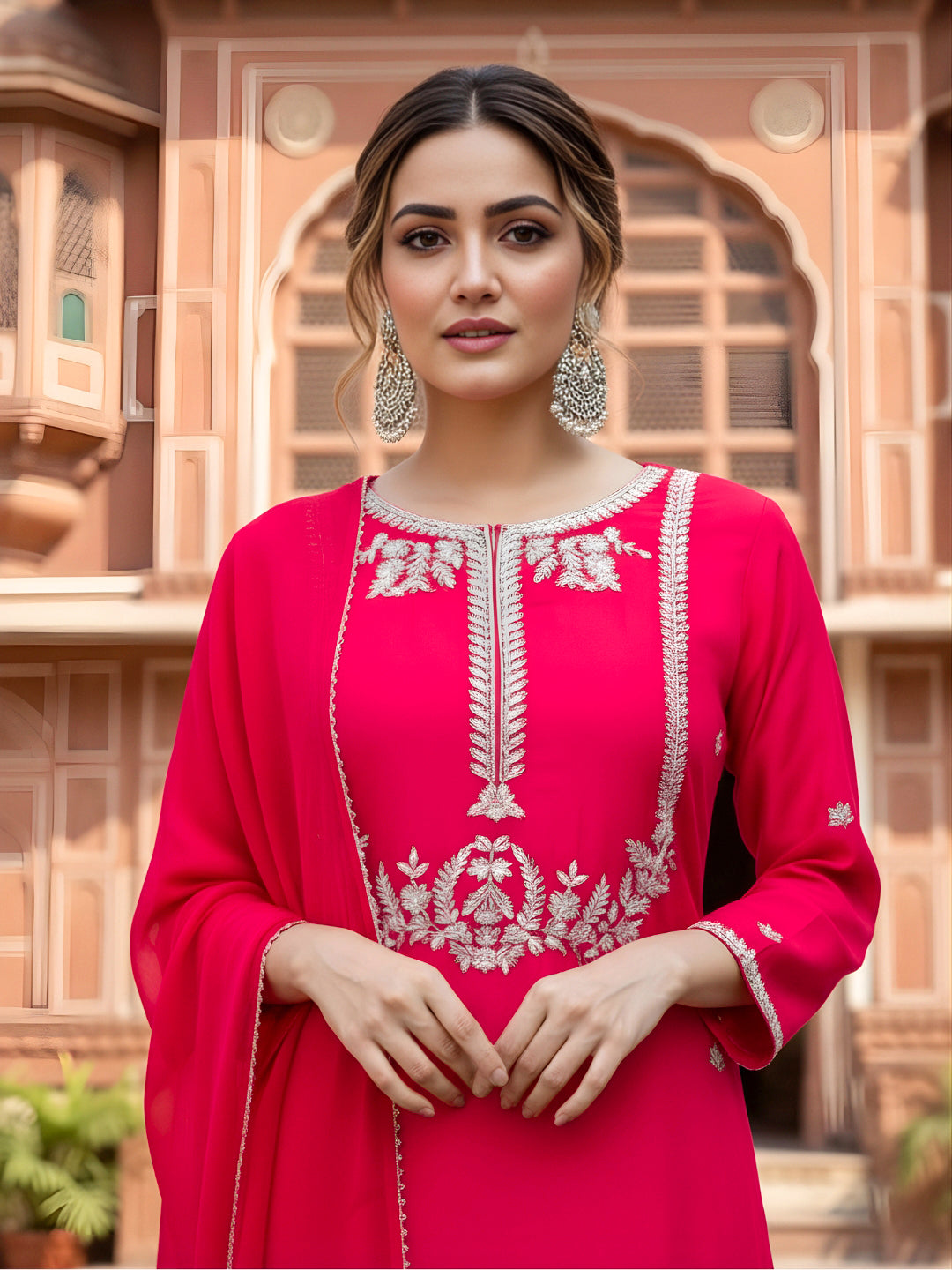 women-viscose-silk-embroidered-kurta-sharara-set-red-silver-zari-yoke-closeup-bohorang