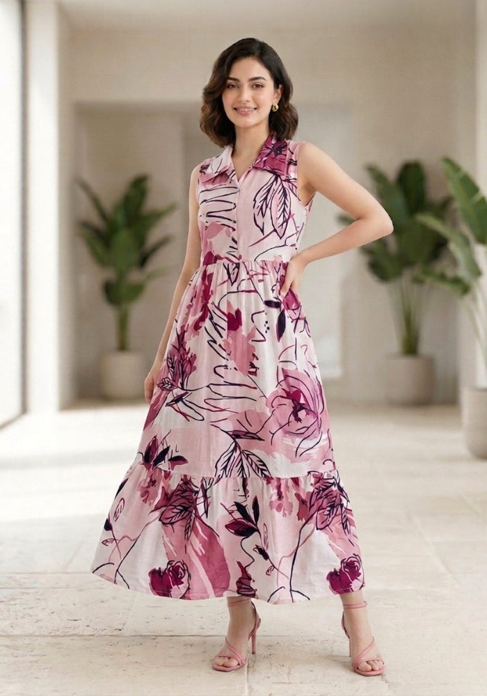 Pink Blossom Floral Printed Sleeveless Maxi Dress for Women