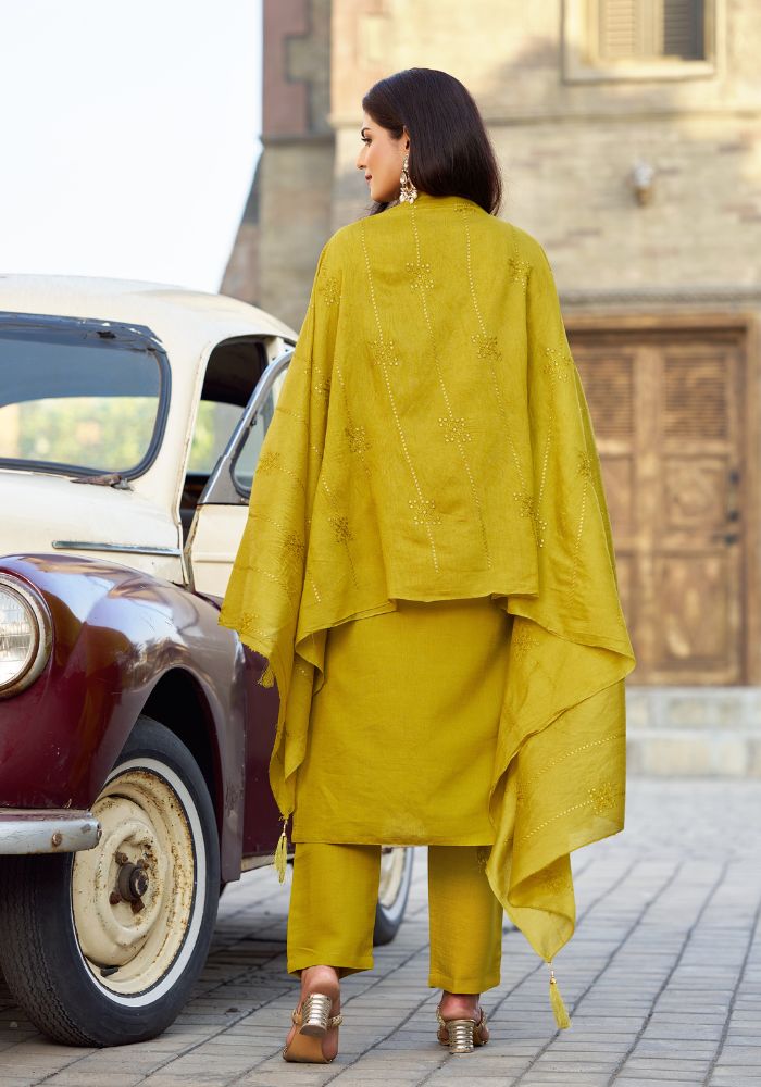 Golden Star Embroidered Kurta Set with Dupatta
