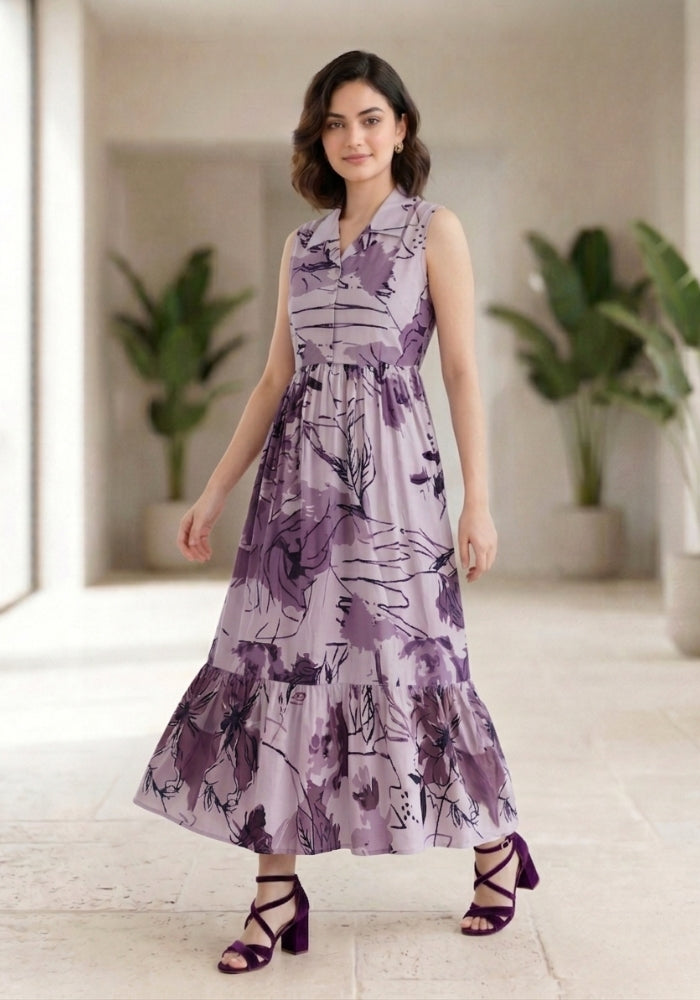 Lavender Bloom Floral Printed Sleeveless Maxi Dress for Women