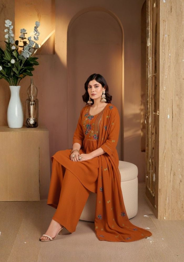 Rust Roman Silk Embroidered Kurta Set with Dupatta