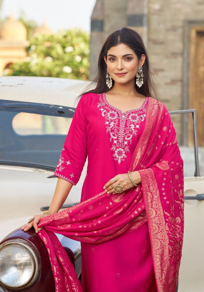 Rani Pink Classic Embroidered Kurta Set with Dupatta