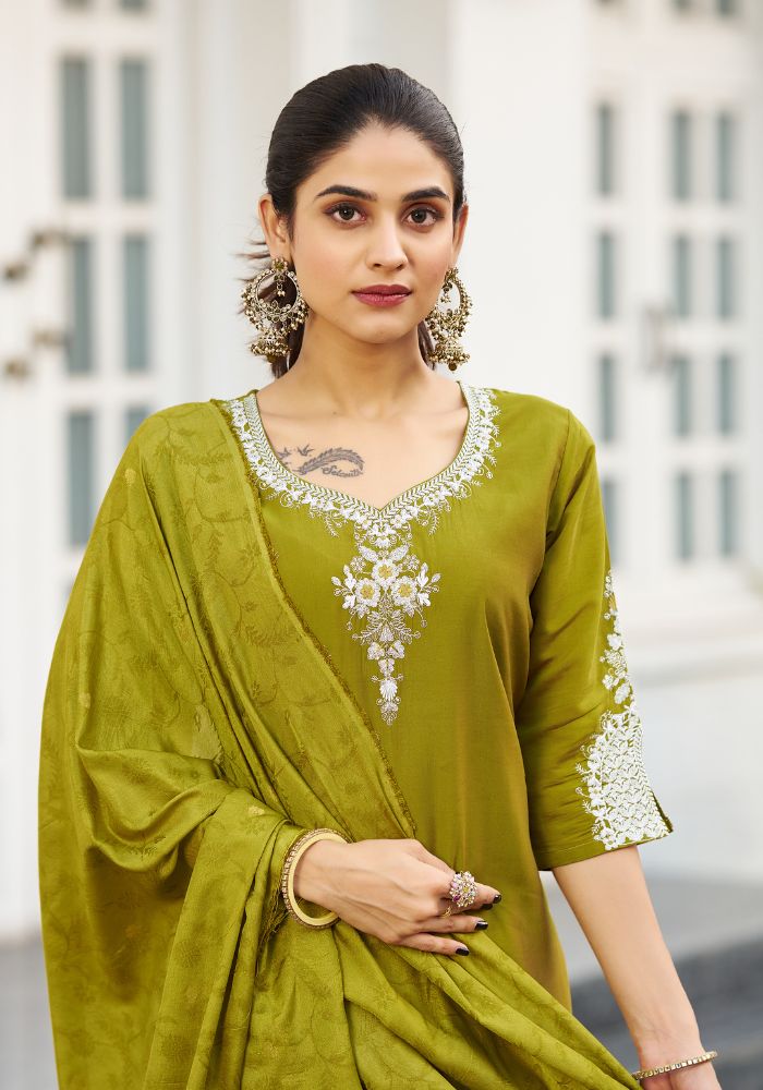 Blue Garland Embroidered Kurta Set with Dupatta