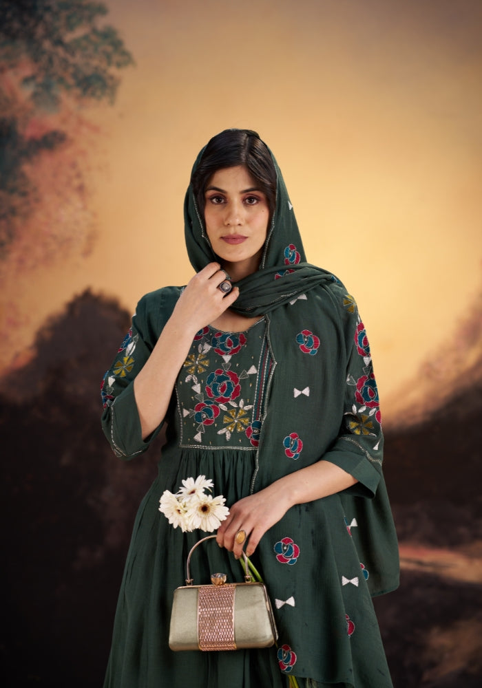 Green Roman Silk Embroidered Kurta Set with Dupatta