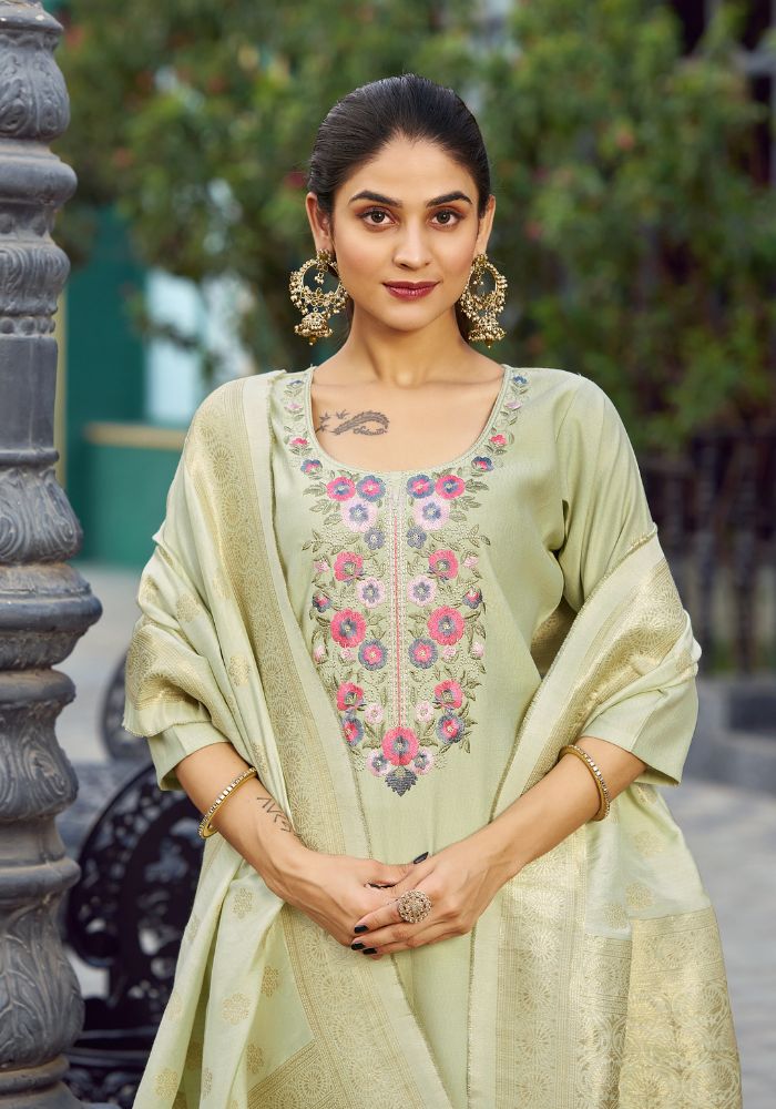 Pista Green Floral Embroidered Kurta Set with Dupatta