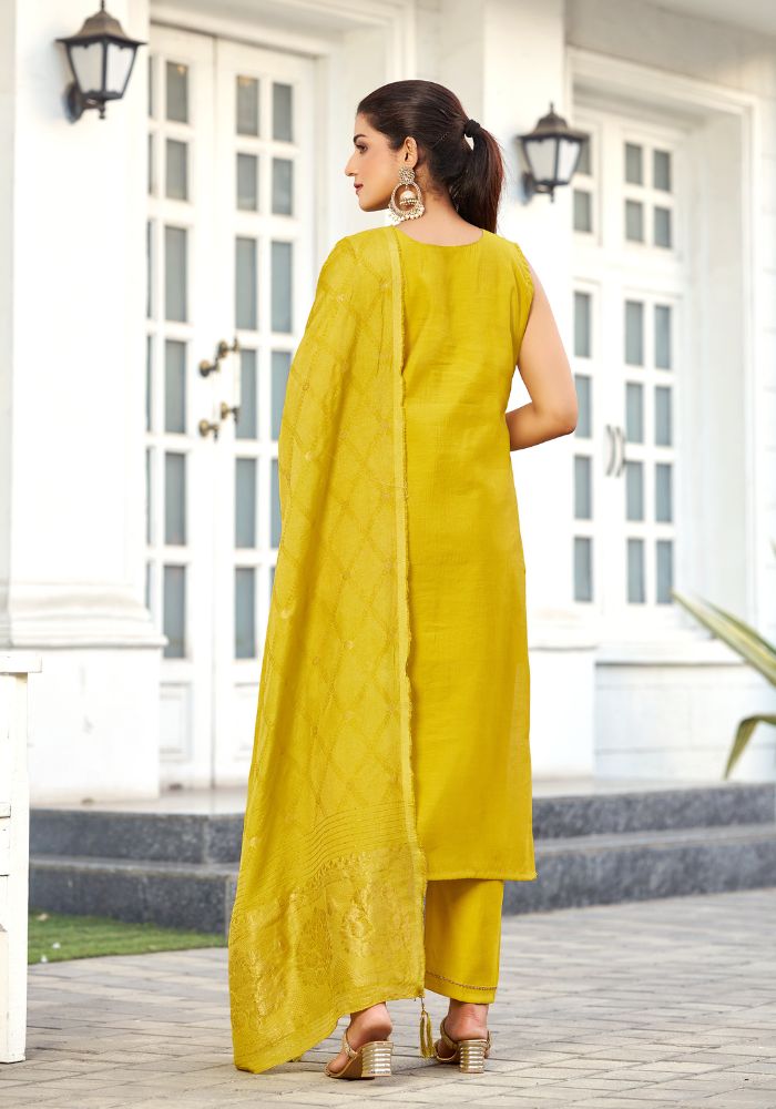 Mustard Viscose Blend Embroidered Kurta Set with Dupatta