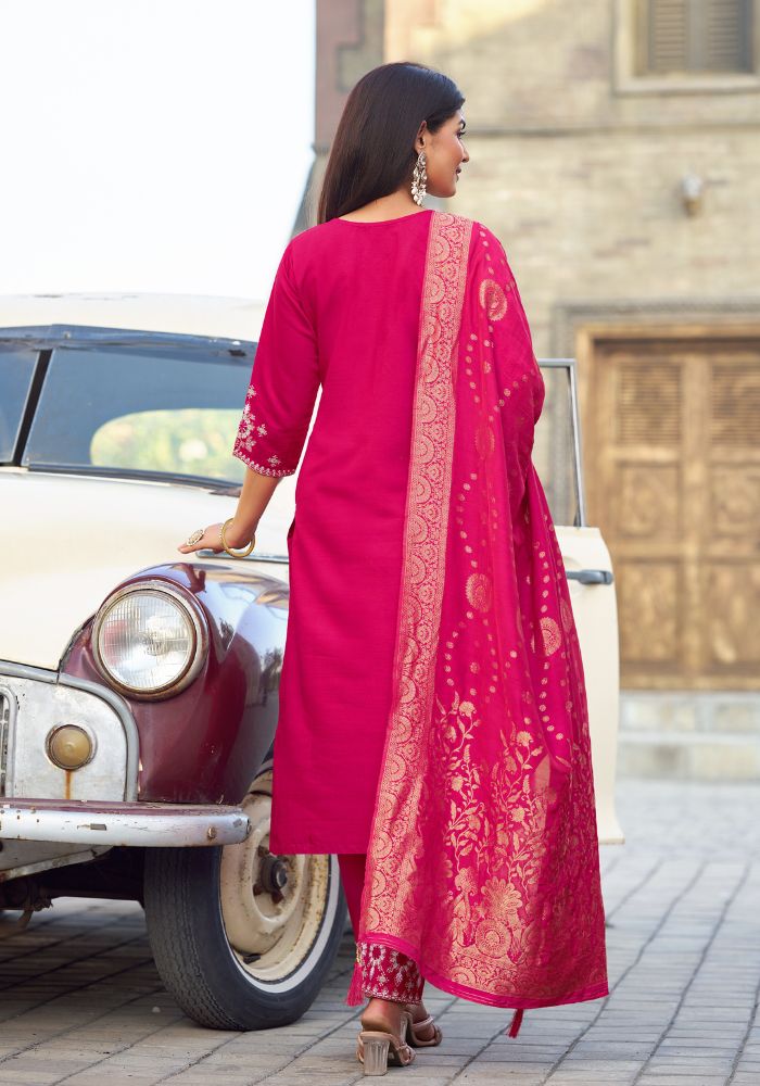 Rani Pink Classic Embroidered Kurta Set with Dupatta