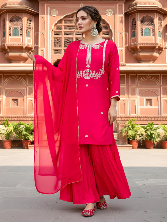 women-viscose-silk-embroidered-kurta-sharara-set-red-dupatta-side-view-bohorang
