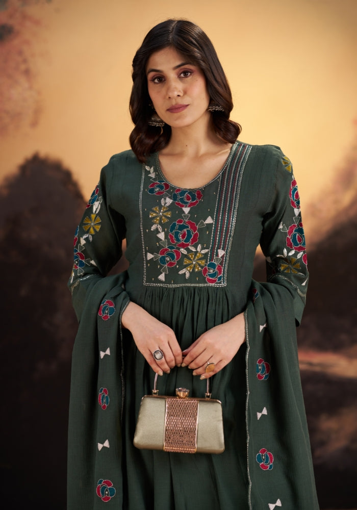 Green Roman Silk Embroidered Kurta Set with Dupatta