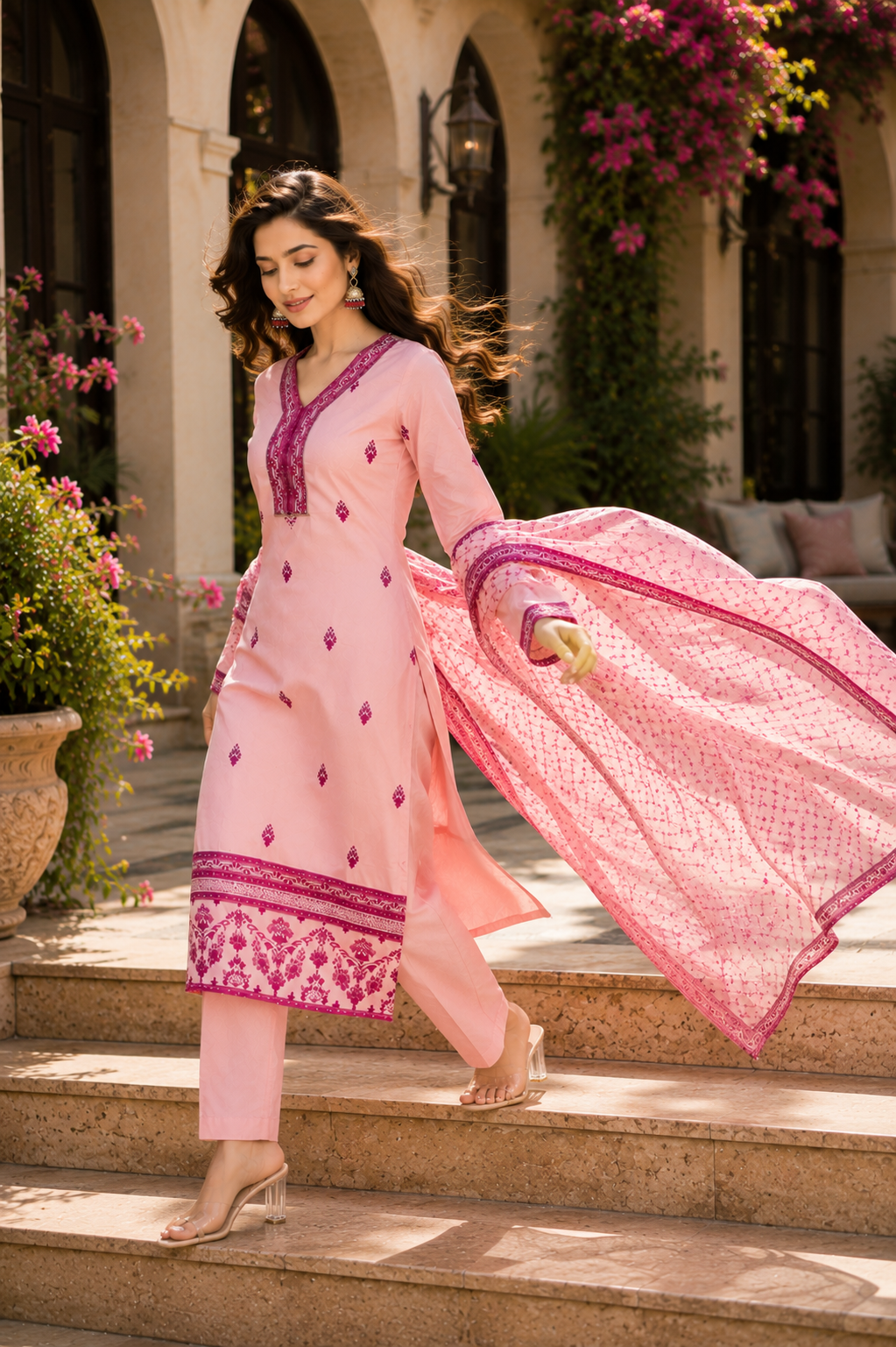 women-peach-cotton-blend-kurta-pant-dupatta-set-full-length-view-bohorang