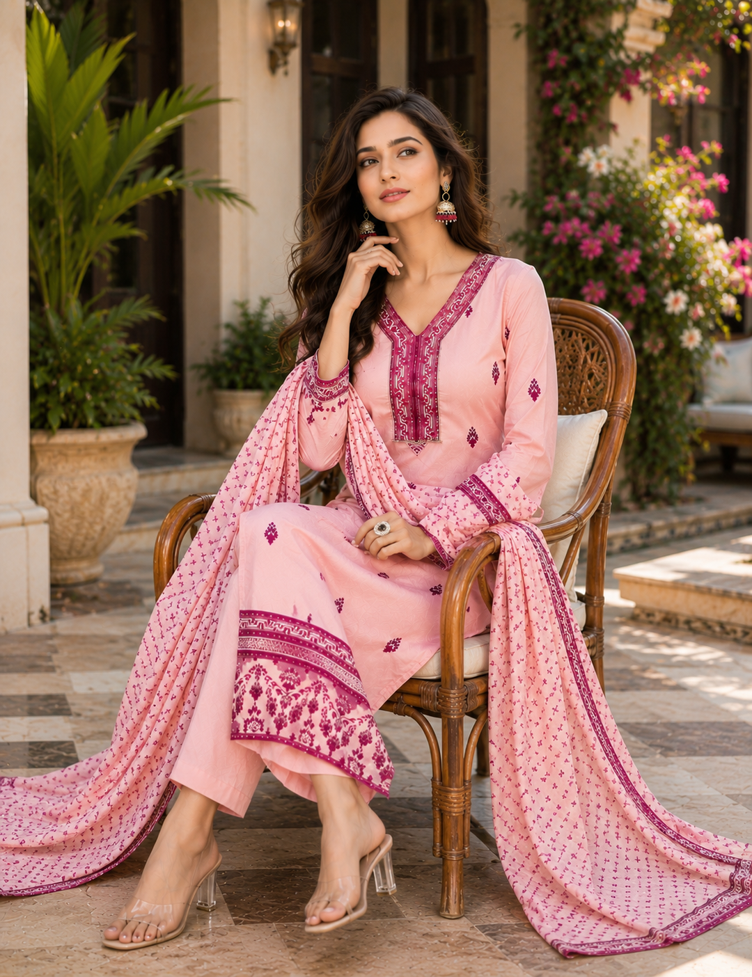 women-peach-kurta-set-magenta-buti-embroidery-printed-border-seated-view-bohorang