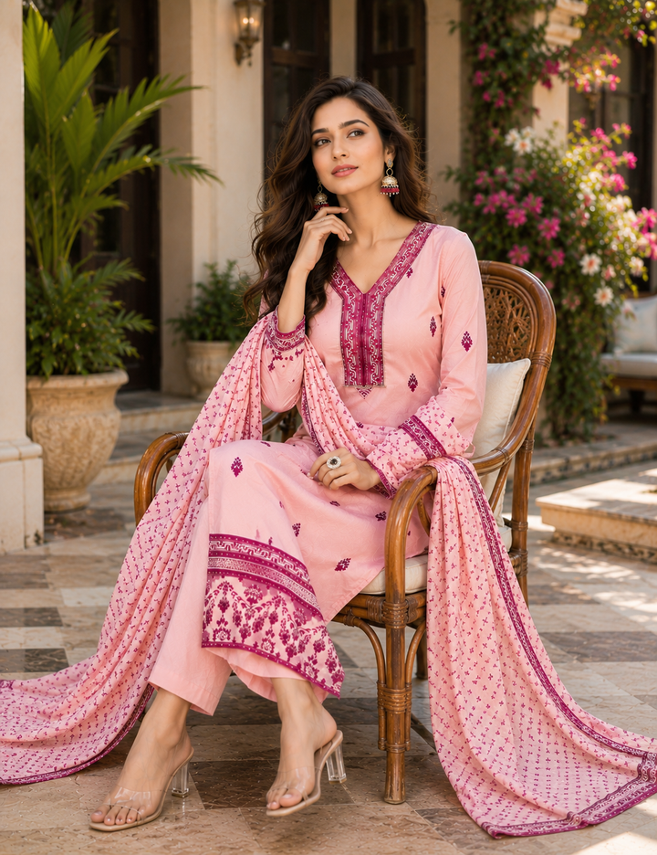 women-peach-kurta-set-magenta-buti-embroidery-printed-border-seated-view-bohorang