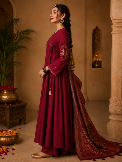 women-maroon-viscose-silk-embroidered-anarkali-kurta-pant-dupatta-side-view-bohorang