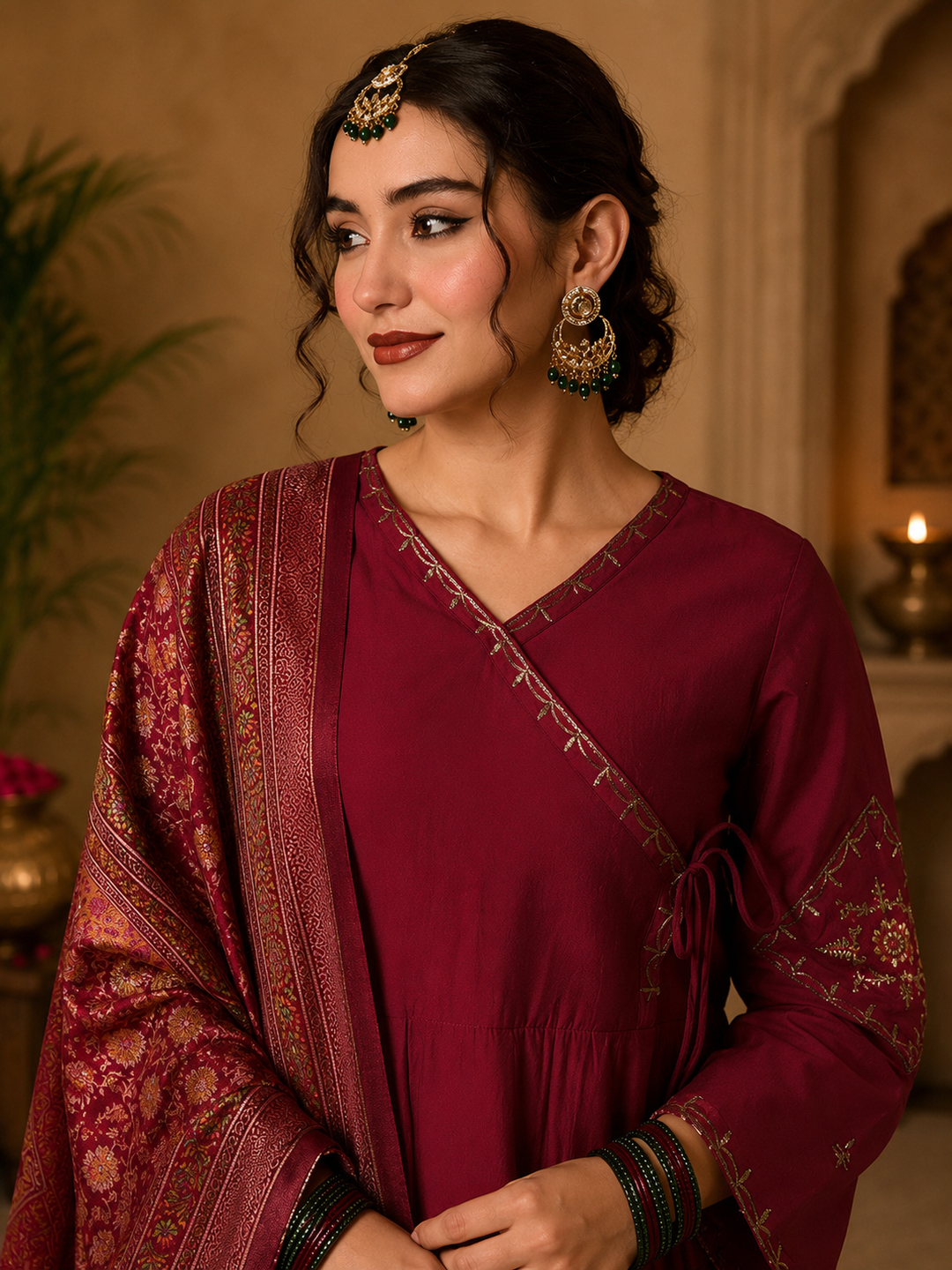 women-maroon-viscose-silk-angrakha-kurta-gold-zari-neckline-closeup-bohorang