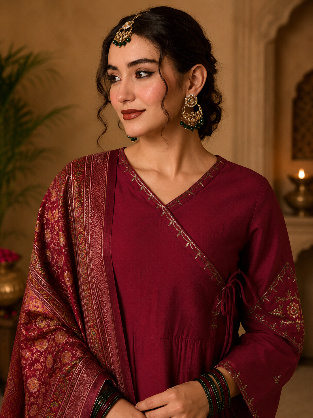 women-maroon-viscose-silk-angrakha-kurta-gold-zari-neckline-closeup-bohorang