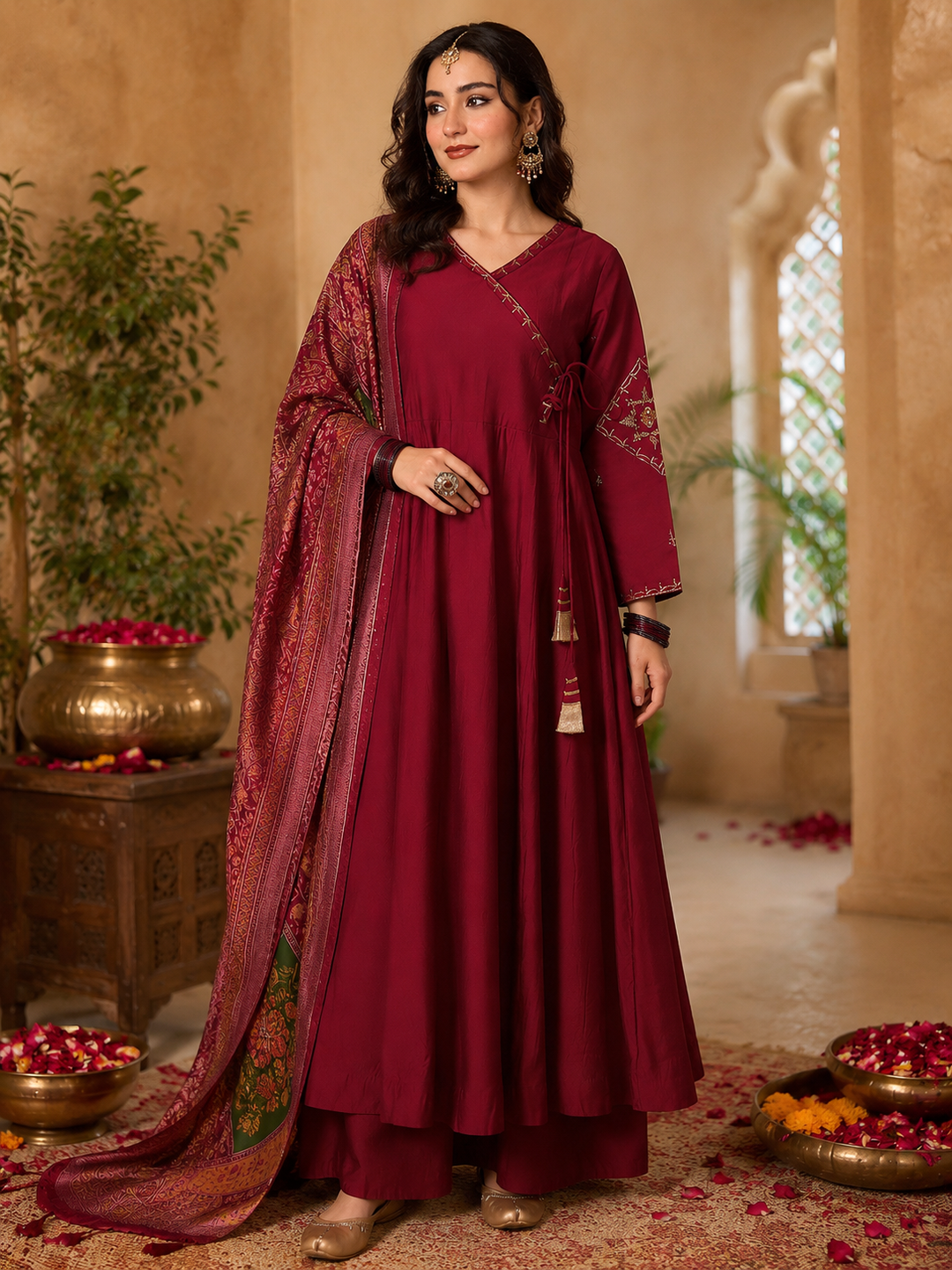women-viscose-silk-anarkali-kurta-set-maroon-banarasi-dupatta-front-view-bohorang