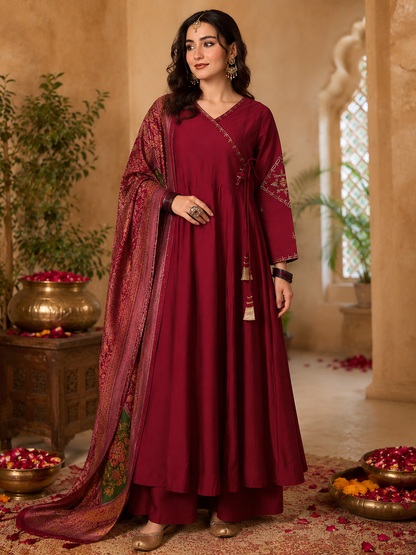 women-viscose-silk-anarkali-kurta-set-maroon-banarasi-dupatta-front-view-bohorang