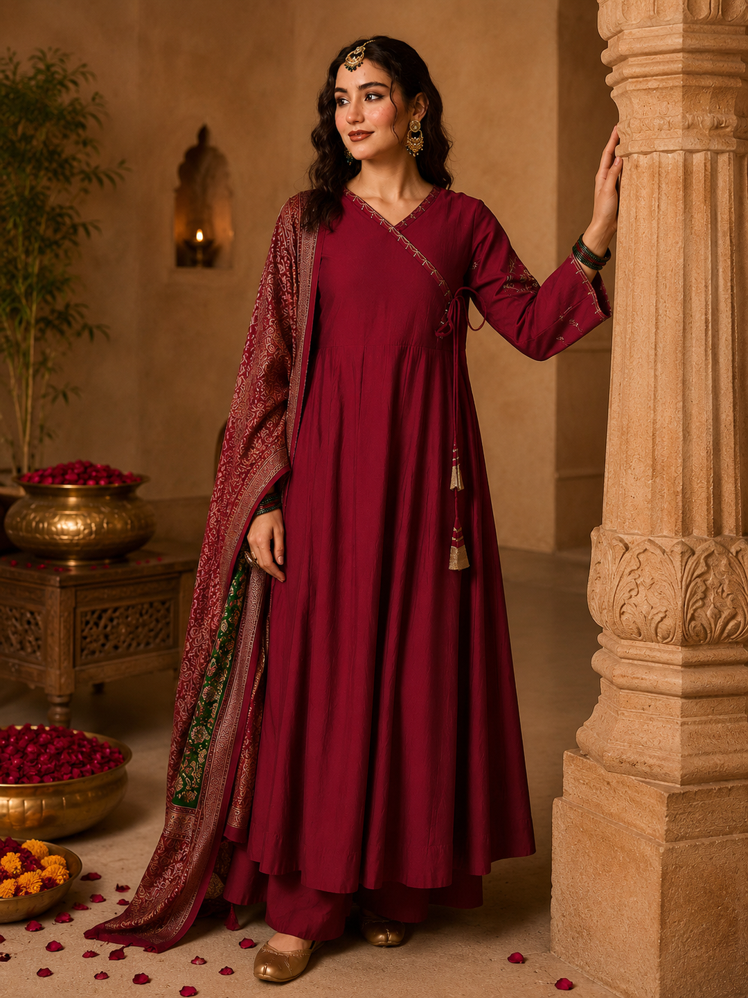buy-women-maroon-viscose-silk-flared-kurta-set-online-s-to-3xl-bohorang