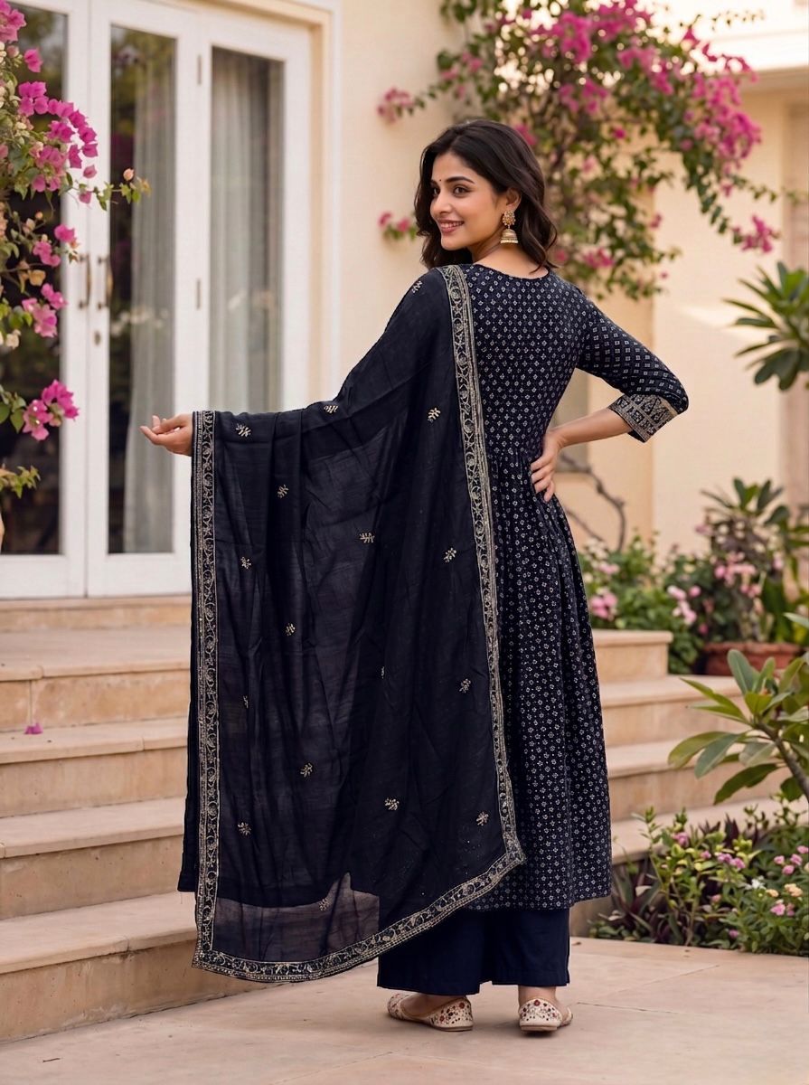 women-vichitra-silk-embroidered-anarkali-kurta-navy-dupatta-back-view-bohorang