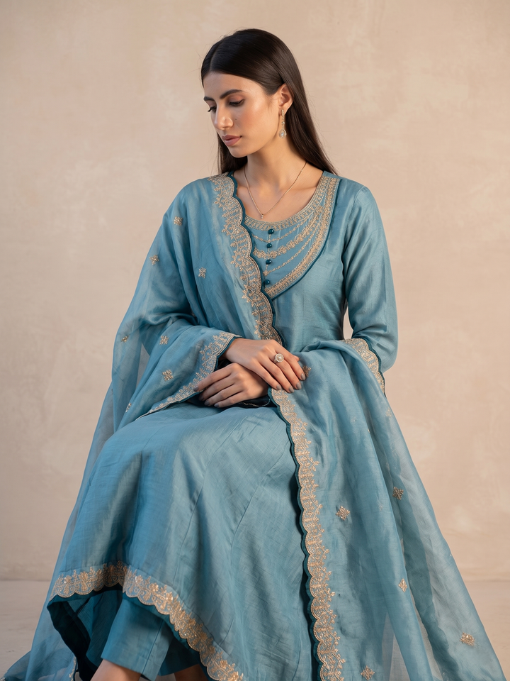 women-sea-blue-vichitra-silk-kurta-gold-zari-neckline-embroidery-closeup-bohorang