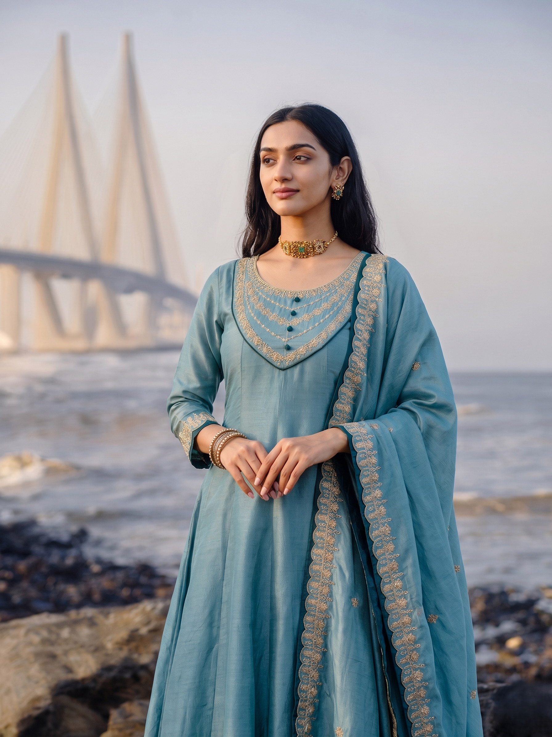 women-vichitra-silk-flared-kurta-sea-blue-gold-zari-scallop-border-bohorang